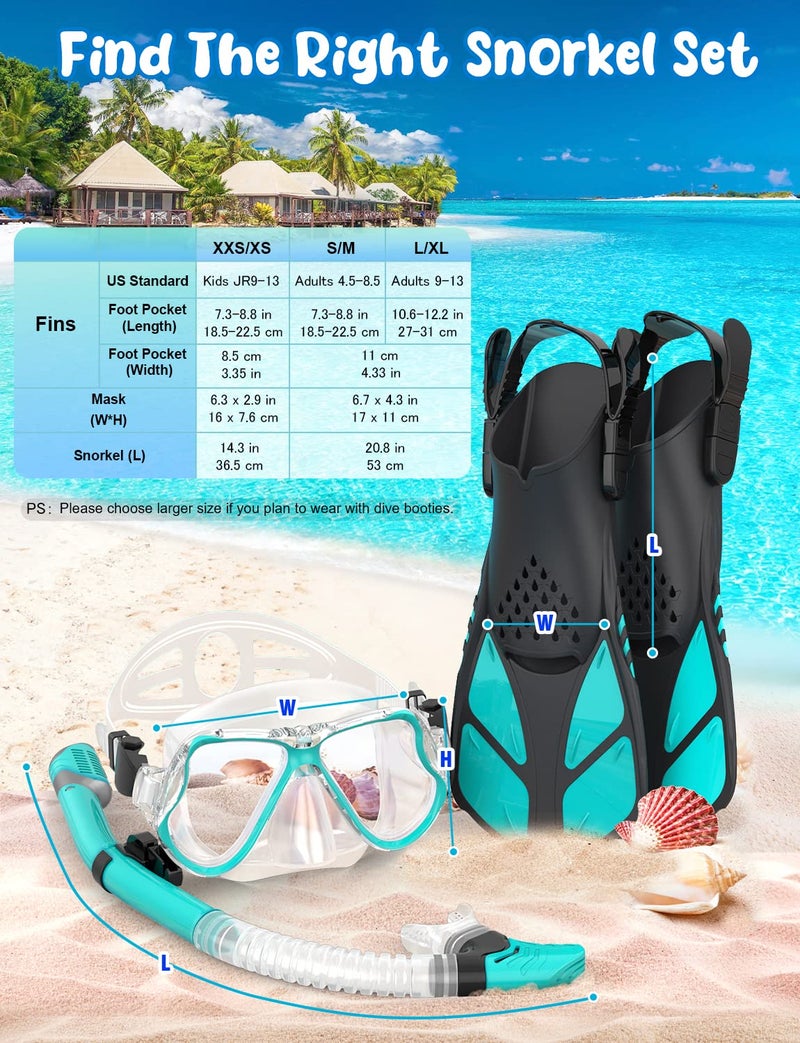 Zenoplige Mask Fins Snorkel Set, Snorkeling Gear for Adults, Panoramic View Snorkel Mask Anti-Fog, Adjustable Dive Flippers, Dry Top Snorkel and Travel Bag, Scuba Gear for Swimming Snorkeling Diving - Image 5